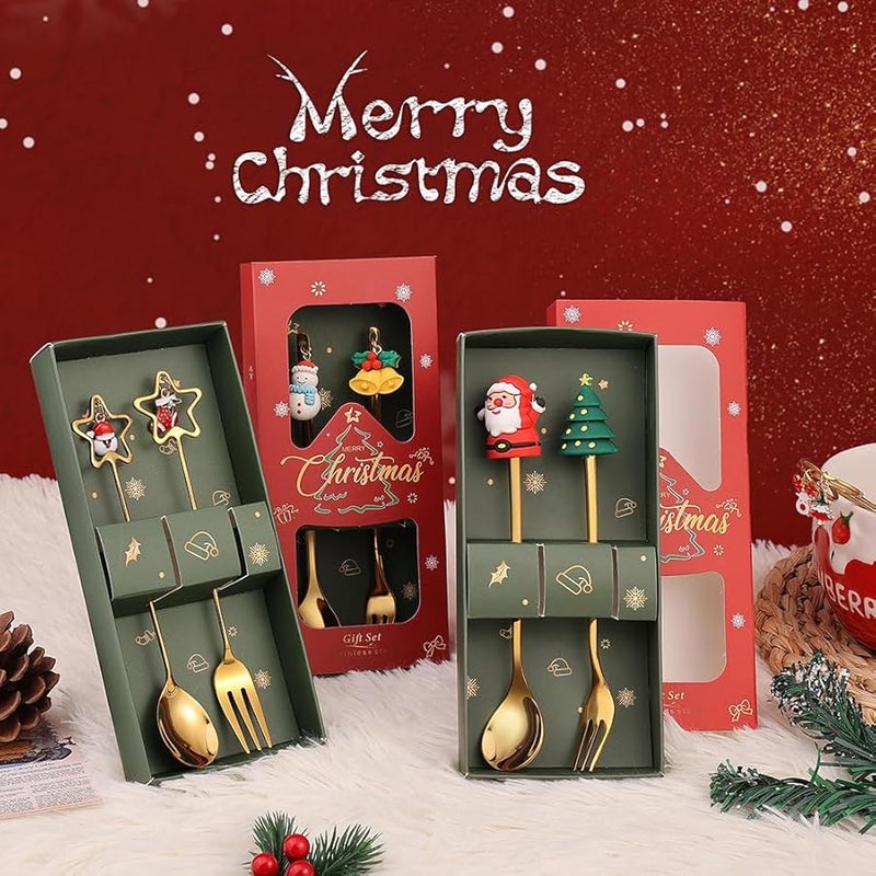 Stainless Steel Christmas Tree Santa Snowman Cake Dessert Forks Spoons Set 2 Pcs 304 L - Image 2